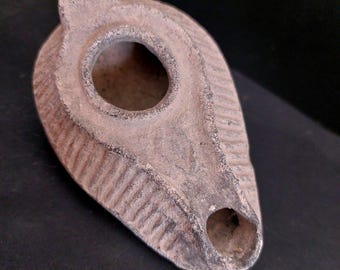 Levantine Byzantine Terracotta Oil Lamp – 6th–7th Century AD – Diagonal Ribbed Design – COA Included