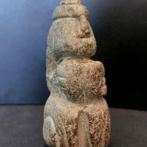 Pre-Columbian Stone Figurine – Seated Figure Holding Offering – Ancient Andean Art