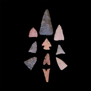 May include: A collection of eleven ancient arrowheads in various shapes and sizes, arranged against a black background. The arrowheads display a range of colors, including gray, pink, and tan, showcasing their unique geological composition. The collection highlights the craftsmanship of early tools.