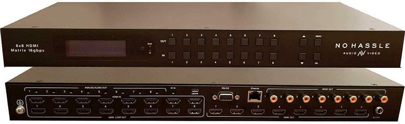 Puede incluir: Dispositivo negro 8x8 HDMI Matrix 18gbps con m&uacute;ltiples puertos de entrada y salida. El dispositivo tiene una pantalla y botones en el panel frontal. El texto "NO HASSLE Audio Video" est&aacute; impreso en la parte delantera.