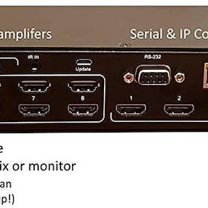 Puede incluir: Conmutador matricial HDMI negro con m&uacute;ltiples puertos de entrada y salida. Cuenta con salidas de audio anal&oacute;gicas y digitales, control serie e IP y salidas de bucle HDMI. El texto en el dispositivo describe su funci&oacute;n para conectar fuentes multimedia a televisores.