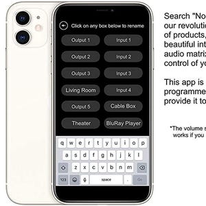 Puede incluir: Dos smartphones blancos que muestran la interfaz de la aplicaci&oacute;n "No Hassle Audio Video". La aplicaci&oacute;n controla las entradas y salidas de audio y v&iacute;deo. El texto en la pantalla incluye "Output 1", "Input 1" y "BluRay Player".