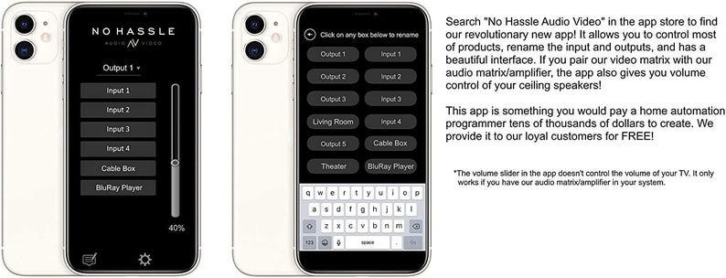 Puede incluir: Dos smartphones blancos que muestran la interfaz de la aplicaci&oacute;n "No Hassle Audio Video". La aplicaci&oacute;n controla las entradas y salidas de audio y v&iacute;deo. El texto en la pantalla incluye "Output 1", "Input 1" y "BluRay Player".