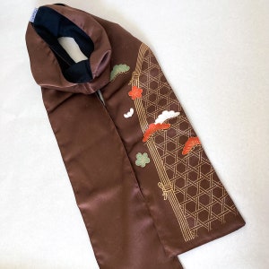 Chocolate Brown Kimono Silk Scarf with Black Cotton Muslin Lining