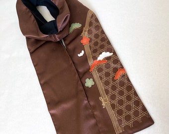 Chocolate Brown Kimono Silk Scarf with Black Cotton Muslin Lining
