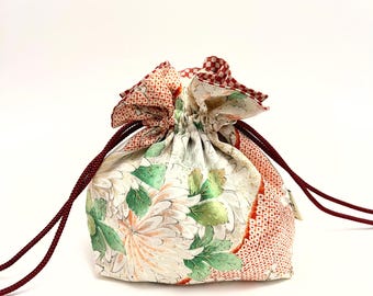Vintage Japanese Kimono Silk in White, Red and Green