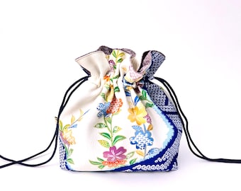 White + Blue Garden Floral Silk Kimono Pouch
