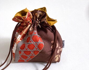 Chocolate Brown Silk Kimono Drawstring Pouch with Mustard Color Cotton Linng