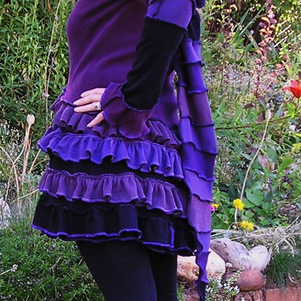 Recycled Sweater Coat, Grape Hyacinth-Upcycled, Double Ruffle Bustle Coat,  Steampunk, Purple, Black