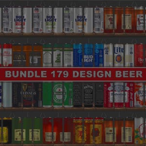 May include: A collection of various beer and seltzer cans and bottles displayed on shelves. The image includes brands like Bud Light, Budweiser, Heineken, and Guinness. A red banner reads "BUNDLE 179 DESIGN BEER".