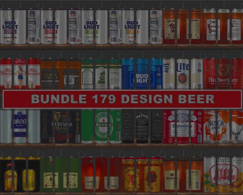 May include: A collection of various beer and seltzer cans and bottles displayed on shelves. The image includes brands like Bud Light, Budweiser, Heineken, and Guinness. A red banner reads "BUNDLE 179 DESIGN BEER".