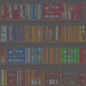 May include: A shelf filled with various colorful cans of candy and snacks. Brands include Skittles, Airheads, Doritos, and Kit Kat. The cans are arranged neatly on wooden shelves, creating a visually appealing display.
