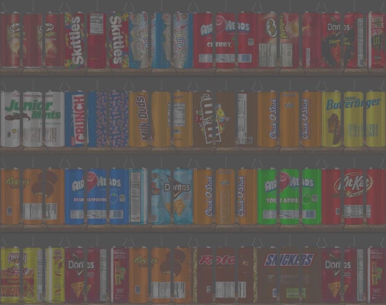 May include: A shelf filled with various colorful cans of candy and snacks. Brands include Skittles, Airheads, Doritos, and Kit Kat. The cans are arranged neatly on wooden shelves, creating a visually appealing display.