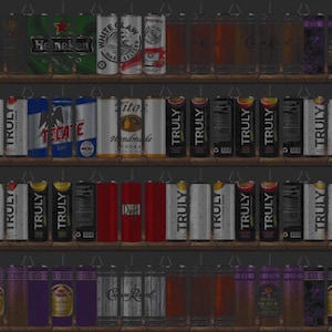 May include: A display of various canned beverages on wooden shelves. The selection includes beer, hard seltzer, vodka cocktails, and other canned drinks. Brands like Heineken, White Claw, Truly, and Tito's are visible. The cans are arranged neatly, showcasing a variety of flavors and types.