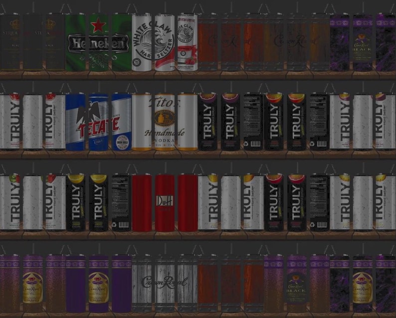 May include: A display of various canned beverages on wooden shelves. The selection includes beer, hard seltzer, vodka cocktails, and other canned drinks. Brands like Heineken, White Claw, Truly, and Tito's are visible. The cans are arranged neatly, showcasing a variety of flavors and types.