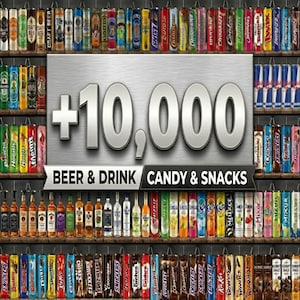 May include: A display of various beverages and snacks, including beer, candy, and energy drinks. The image features shelves stocked with colorful cans, bottles, and candy bars. Text reads "+10,000" and "BEER & DRINK CANDY & SNACKS".