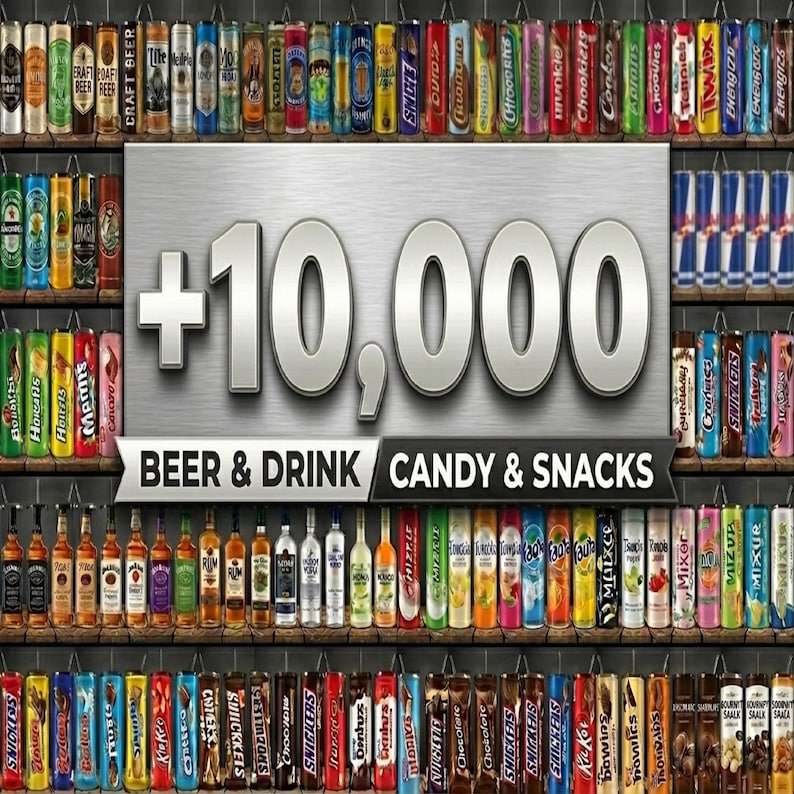 May include: A display of various beverages and snacks, including beer, candy, and energy drinks. The image features shelves stocked with colorful cans, bottles, and candy bars. Text reads "+10,000" and "BEER & DRINK CANDY & SNACKS".