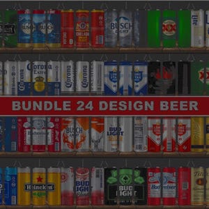 May include: A display of various beer cans, including Heineken, Budweiser, and Corona, arranged on shelves. The text "BUNDLE 24 DESIGN BEER" is prominently displayed on a red sign. The cans feature diverse designs and colors.