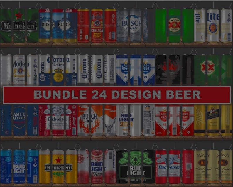 May include: A display of various beer cans, including Heineken, Budweiser, and Corona, arranged on shelves. The text "BUNDLE 24 DESIGN BEER" is prominently displayed on a red sign. The cans feature diverse designs and colors.