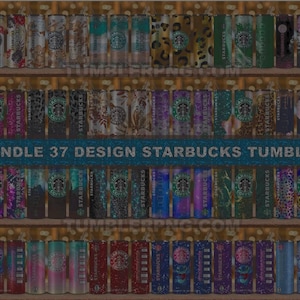 May include: A collection of 37 Starbucks tumbler designs, each with unique patterns and colors. The tumblers are arranged on shelves, showcasing a variety of styles, including floral, animal print, and abstract designs. The text "BUNDLE 37 DESIGN STARBUCKS TUMBLER" is displayed.