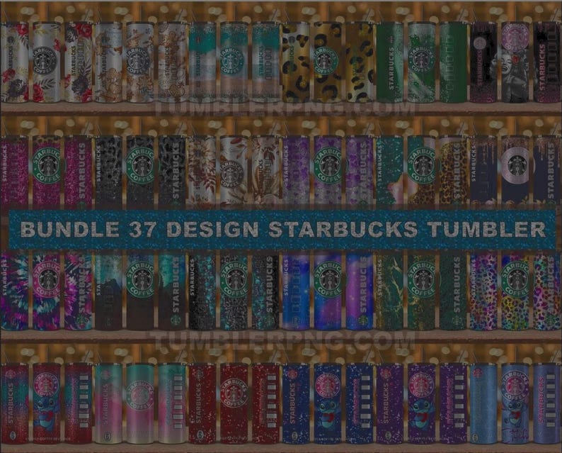 May include: A collection of 37 Starbucks tumbler designs, each with unique patterns and colors. The tumblers are arranged on shelves, showcasing a variety of styles, including floral, animal print, and abstract designs. The text "BUNDLE 37 DESIGN STARBUCKS TUMBLER" is displayed.