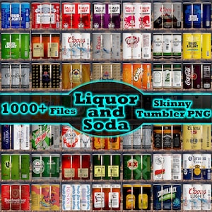 Könnte beinhalten: Eine Sammlung verschiedener Getränkedosen und -flaschen, darunter Bier, Limonade und Spirituosen. Das Bild zeigt eine Vielzahl von Marken und Designs, mit dem Text "Liquor and Soda" und "Skinny Tumbler PNG" prominent dargestellt.