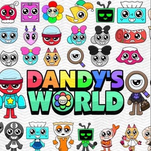 Op de afbeelding: Een verzameling kleurrijke cartoonfiguren met grote ogen en verschillende vormen. De karakters omvatten een bloem, een tv, een tissuebox en anderen. De tekst "Dandy's World" wordt in levendige kleuren weergegeven.