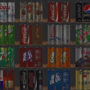 May include: A collection of various beverage cans, including Coca-Cola, Pepsi, 7-Up, Coors Light, and Crush. The cans are arranged on shelves, showcasing a variety of colors and designs, with the brand names prominently displayed.