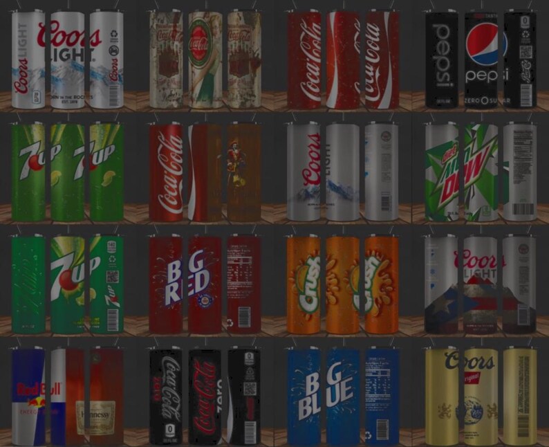 May include: A collection of various beverage cans, including Coca-Cola, Pepsi, 7-Up, Coors Light, and Crush. The cans are arranged on shelves, showcasing a variety of colors and designs, with the brand names prominently displayed.