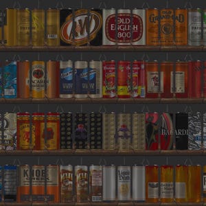 May include: A shelf display of various canned beverages, including beer, cocktails, and spirits. The cans feature diverse branding and colors, such as gold, red, and blue. Some cans have text like "Old English 800" and "Bacardi".