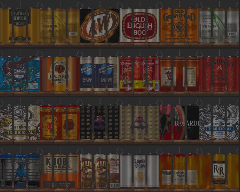May include: A shelf display of various canned beverages, including beer, cocktails, and spirits. The cans feature diverse branding and colors, such as gold, red, and blue. Some cans have text like "Old English 800" and "Bacardi".