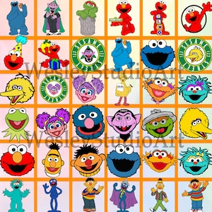 May include: A grid of colorful Sesame Street character images. Featured are Elmo, Cookie Monster, Big Bird, Oscar the Grouch, and others. Some images include the Sesame Street logo. The characters are in various poses and expressions, with vibrant colors.