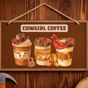 Cuadro rectangular rústico de madera con diseño de vaquera y café / Arte de pared para cocina.