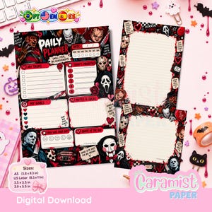 Puede incluir: Un planificador diario y set de papelería con temática de terror que presenta personajes de películas slasher, detalles de salpicaduras de sangre y colores negro, blanco y rojo. El planificador incluye secciones para tareas, metas y notas.