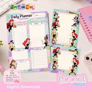 Puede incluir: Un planificador diario y dos hojas de papelería con princesas de dibujos animados en disfraces de Halloween. El planificador incluye secciones para Importante, Notas, Metas, Prioridades y Cita del día. Texto incluye Daily Planner, Time to plan y medidas 14,8 x 21 cm y 21,6 x 27,9 cm.