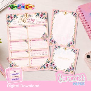 Floral Daily Planner | Printable A5 Planner + 9x9 & 10x14 cm Notepads | PNG PDF Digital Download | Romantic Stationery