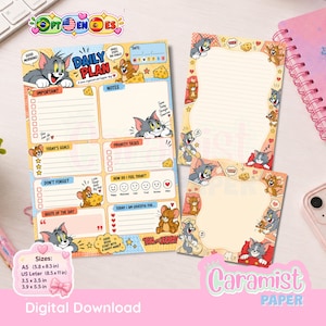 Puede incluir: Un planificador diario y dos blocs de notas a juego con temática de Tom y Jerry, con detalles en amarillo y azul. El planificador incluye secciones para objetivos, tareas, notas y estado de ánimo, decorado con dibujos de Tom y Jerry.