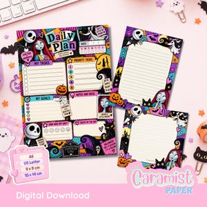 Puede incluir: Una hoja de planificador diario y dos páginas de notas con líneas que presentan personajes de Pesadilla antes de Navidad. El planificador incluye secciones para tareas, objetivos y notas con bordes de patchwork coloridos y motivos de calabazas.