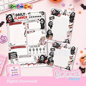 Op de afbeelding: Een dagplanner en twee notitiebladen met een horror-thema ontwerp met het Ghostface-personage, popcorn, VHS-banden en bloedspatten. De planner bevat secties voor takenlijsten, prioriteiten, notities, stemmingsregistratie en citaten.