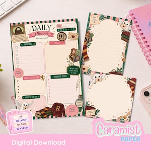 May include: A daily planner sheet, a lined notepad, and a square notepad featuring wizarding-themed illustrations including an owl, books, a scarf, and a sweater. The planner includes sections for important tasks, goals, and notes with text like Daily Planner.