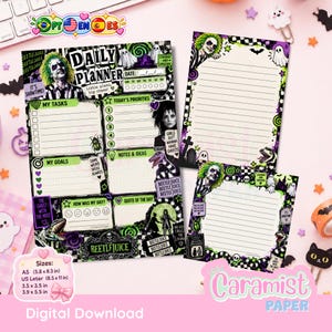 Può includere: Un set di cancelleria e agenda giornaliera a tema Beetlejuice con grafiche nere, bianche e verde neon. Le pagine includono sezioni per attività, priorità, obiettivi e note, decorate con illustrazioni di personaggi e testi.