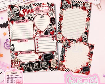 Könnte beinhalten: Ein Set aus drei Schreibwarenbögen mit einem Horror-Clown-Design, roten Blutspritzern, schwarz-weiß karierten Rändern und herzförmigen Notizen. Der Text umfasst Today's Plan, Notes, Important, Goals und Quote of the Day.