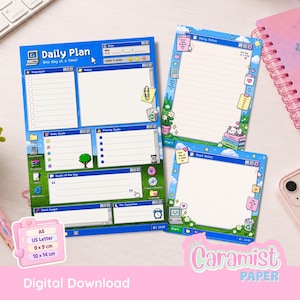Puede incluir: Tres hojas de planificador digital con temática azul y diseños de ventanas de computadora retro. Incluyen secciones para Daily Plan, Daily Notes y Good Notes con iconos de computadora, gato y flores. Texto incluye A5, US Letter, 9x9 cm, 10x14 cm.