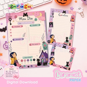Puede incluir: Un conjunto de tres hojas de papelería con ilustraciones de Coraline que incluyen un gato negro, una casa morada, botones y llaves. La hoja más grande es un planificador diario titulado Meu Dia, junto a hojas de notas con Coraline.