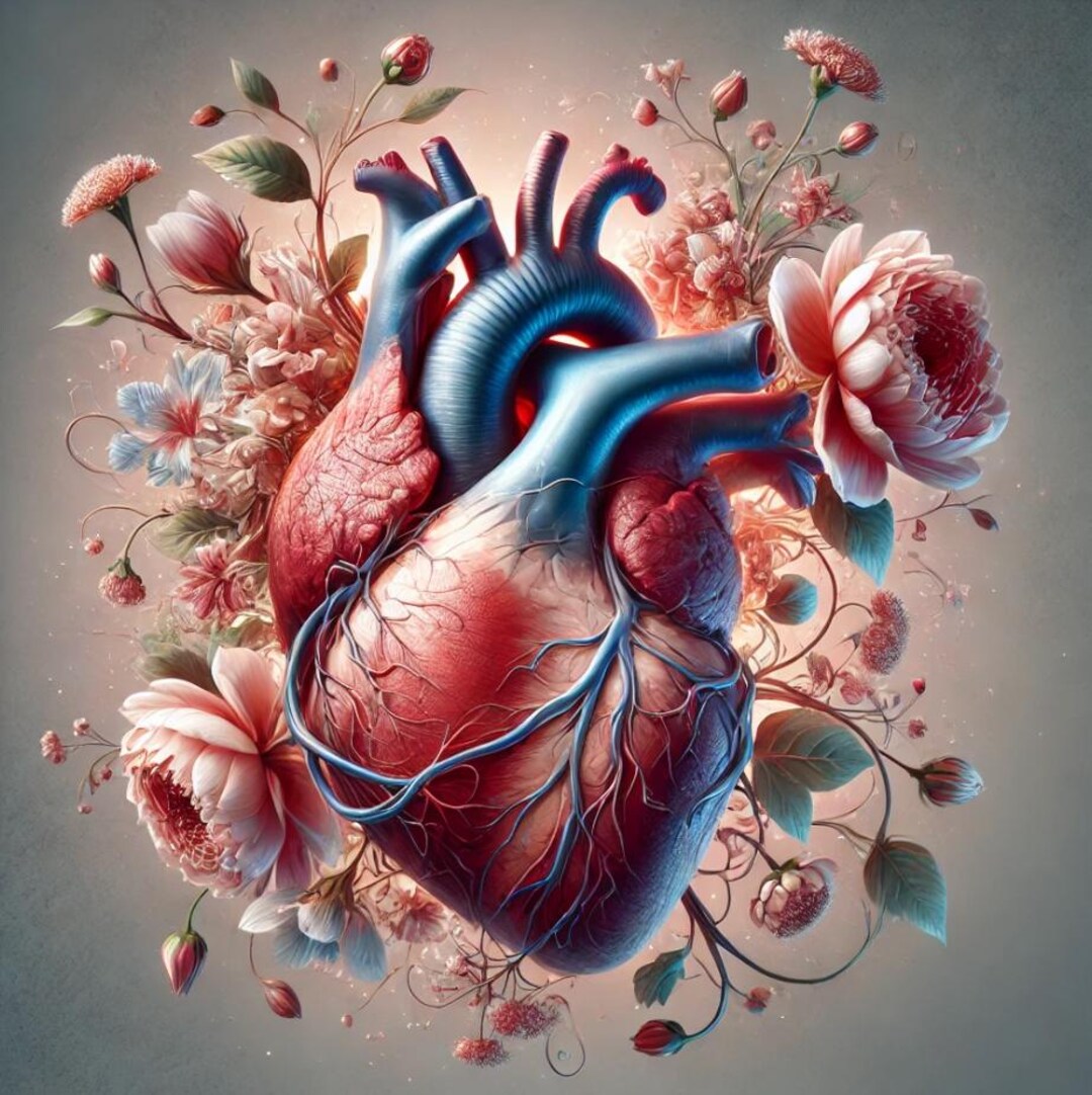 Floral Anatomical Heart Art Print - Realistic Human Heart With Flowers ...