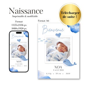 Faire-part naissance Canva modifiable – Carte bébé numérique A6 & mobile – WhatsApp et impression – thème baleine bleu