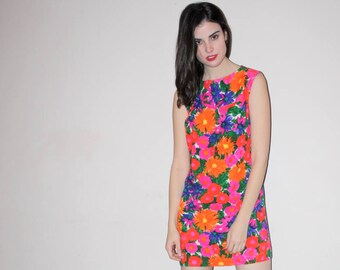 Vintage 1960s Rainbow Floral Mod Neon Dress - 60s Floral Dresses - W00748