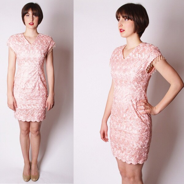 Baby Pink Lace Beaded Cocktail Party Dress / Dress / Dresses / Short Pink Lace Dress / Beaded Lace / 1879