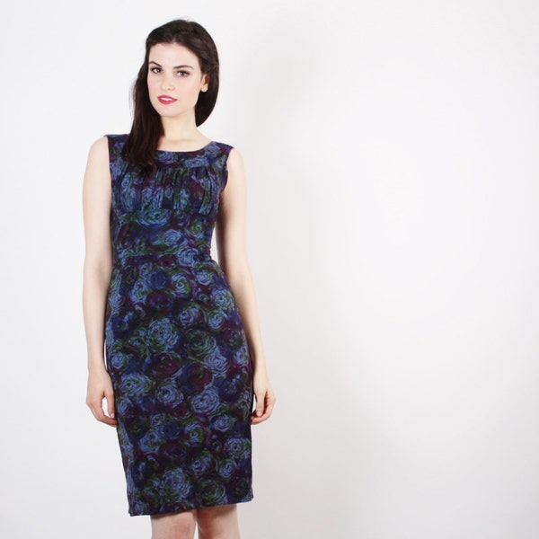 50s Cocktail Dress  - 50s Blue Rose Wiggle  Dress  -  The Painterly Rose Dress  - 5036