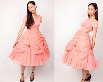 1950s Vintage Dress /  Coral Pink / Wedding Couture / Tulle Mesh / Cocktail Party / Prom Small / 0412